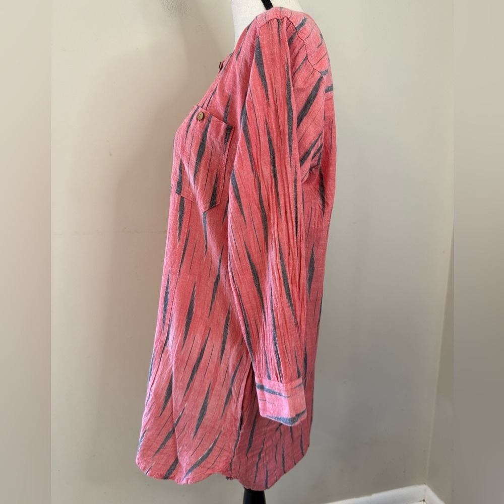 Pinkish Red Striped Linen Button-Front Top - Picture 3 of 11